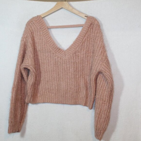 Forever 21 womens sweater size L peach eyelash knit v neck cropped cozy casual - Picture 6 of 10
